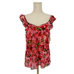 Vintage 1990s Vintage Natori Poppy Print Lettuce Hem Top, Size Medium